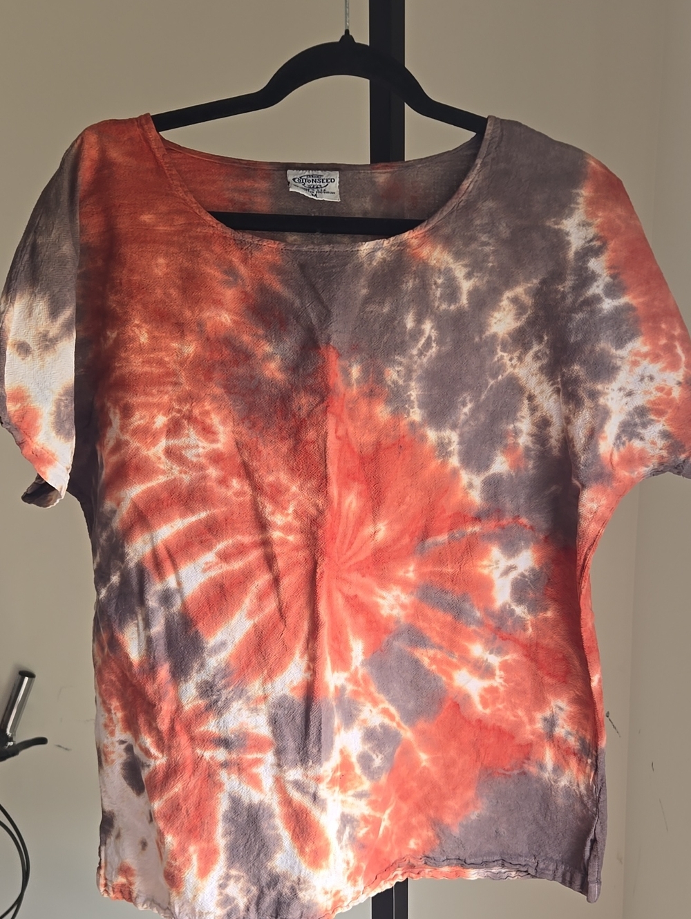 Tie-Dye Short Sleeve Scoop Neck Top - Orange & Brown Hand Dyed Size: Medium